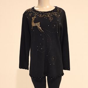 Quacker Factory Black Holiday Sweater with Gold Beaded Reindeer – Size Small